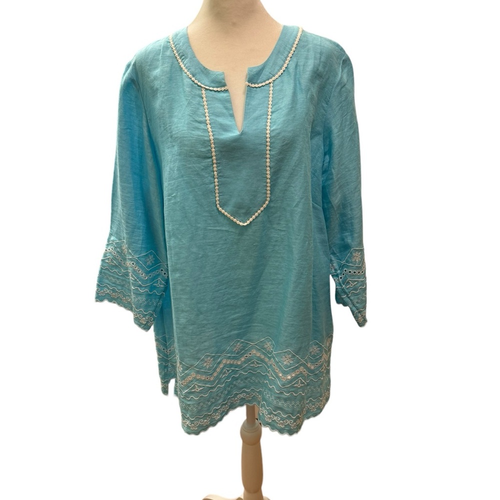 Talbots linen tunic in pale turquoise with white embroidery. 2X Petite. EUC